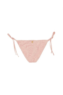 Versace women’s blue baroque print bikini bottom with delicate pink lace tied side strings and gold toned button