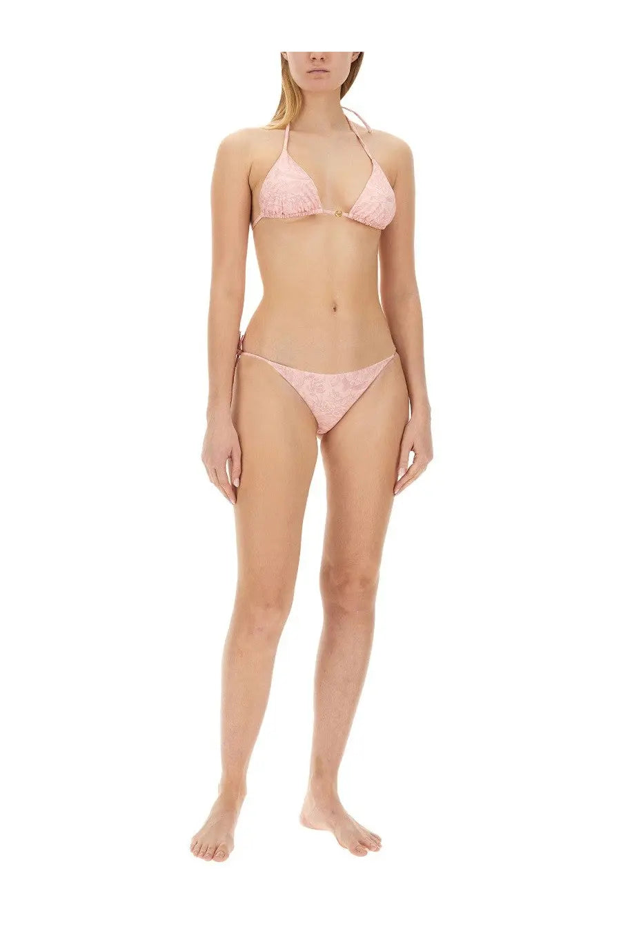 A delicate pink lace bikini set with triangle top and matching thong bottom for women by versace baroque print