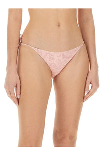 Pink floral-patterned bikini bottom with delicate side ties for women by Versace in baroque print blue