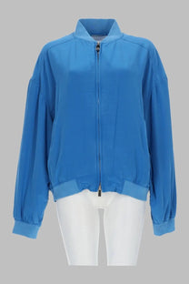 A vibrant blue satin-like versace women’s blouson con zip bomber jacket with ribbed cuffs and hem