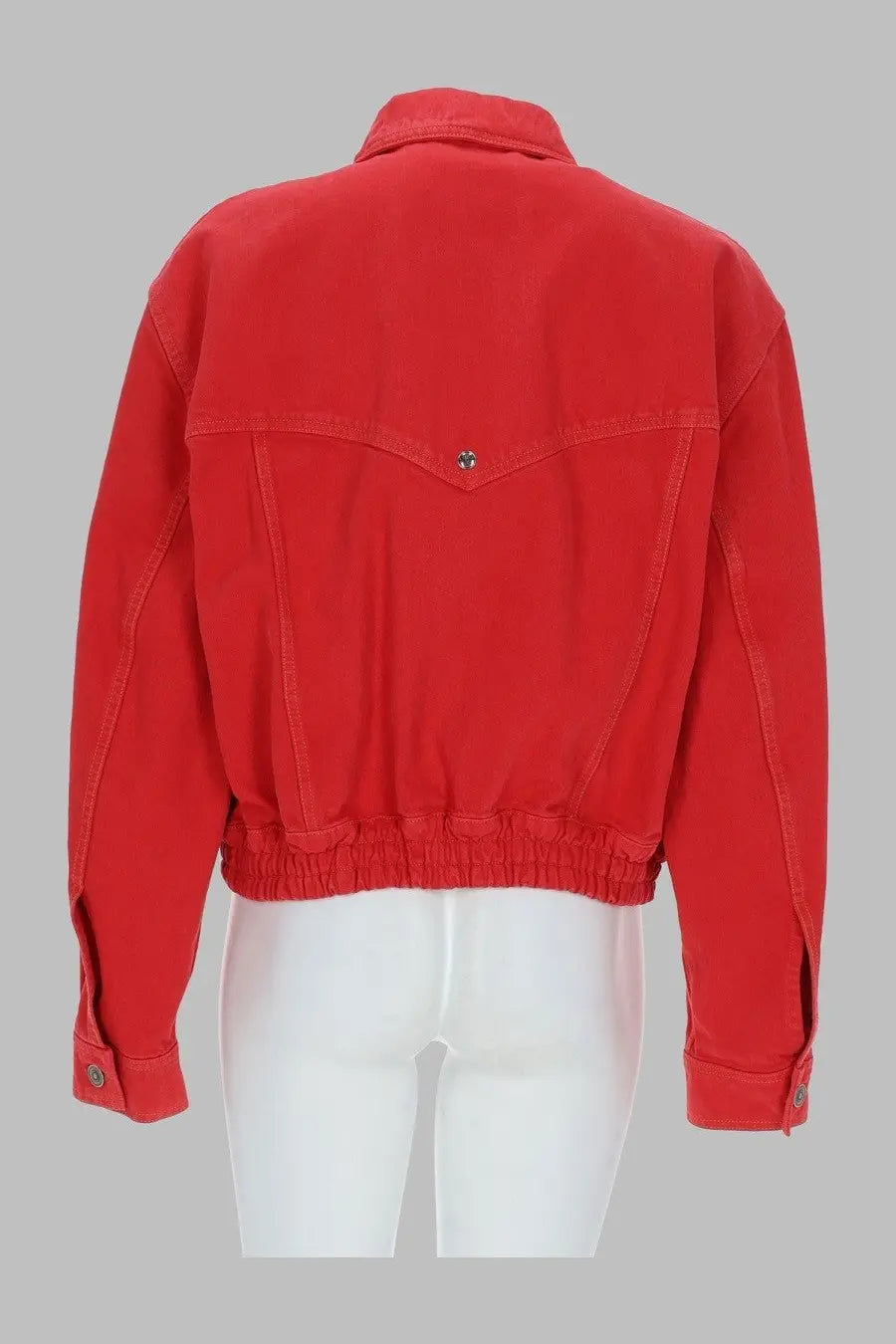 Versace women’s red denim blouson jacket with elastic waistband and buttoned cuffs front view