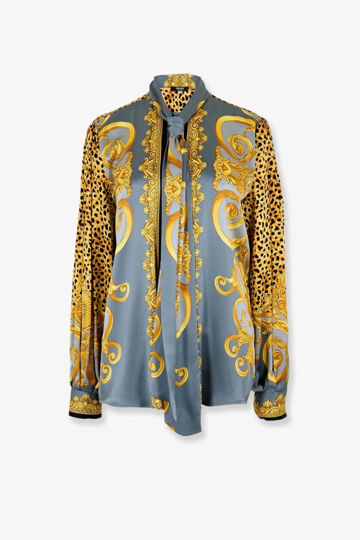 Versace women’s cheetah foulard lavallière silk shirt grey with blue blouse front featuring gold baroque and leopard sleeves