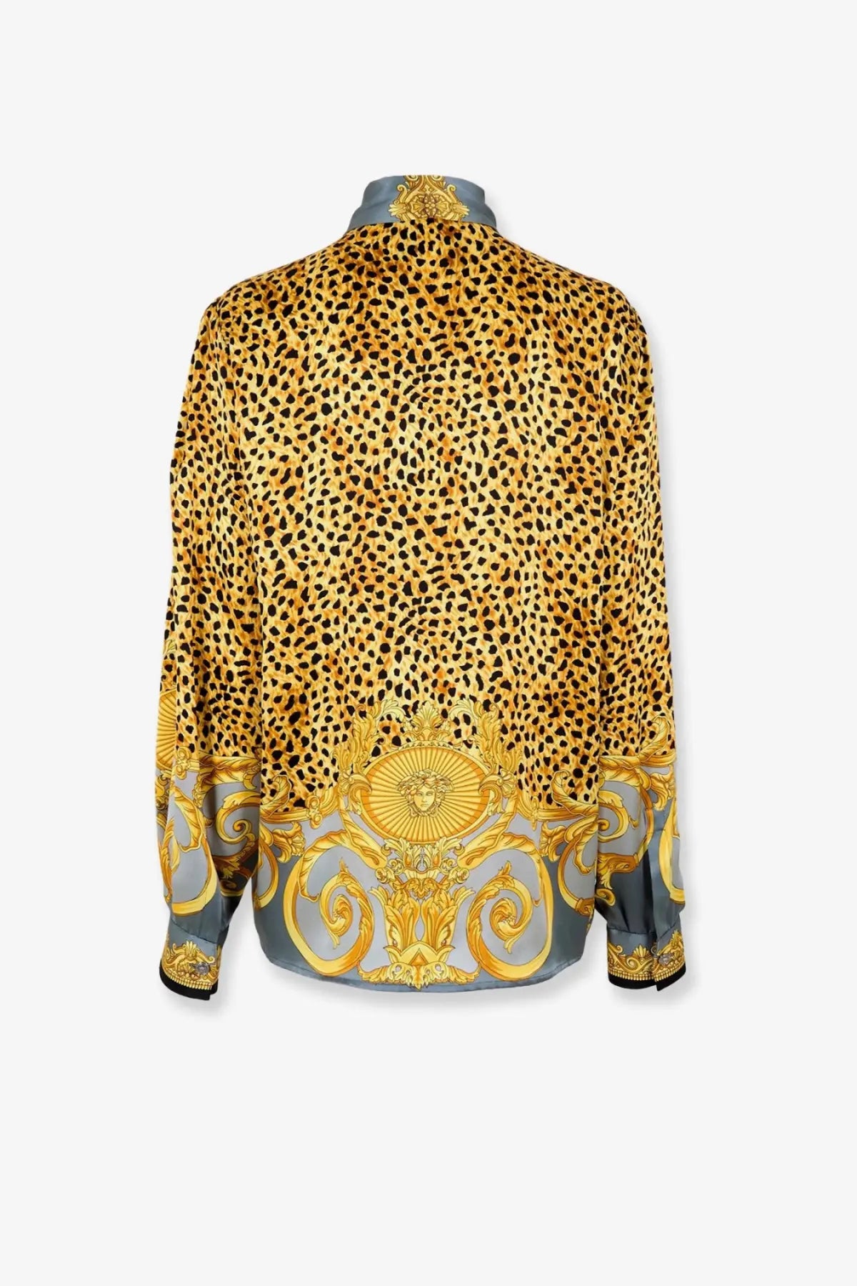 Versace women’s cheetah foulard lavallière silk shirt in gold and black leopard print with ornate baroque detailing