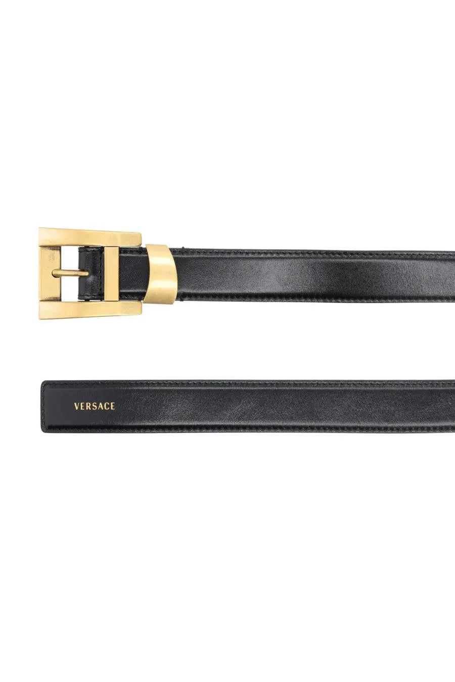 Versace women’s cintura in pelle black leather belt with gold-tone rectangular buckle and embossed brand name on strap