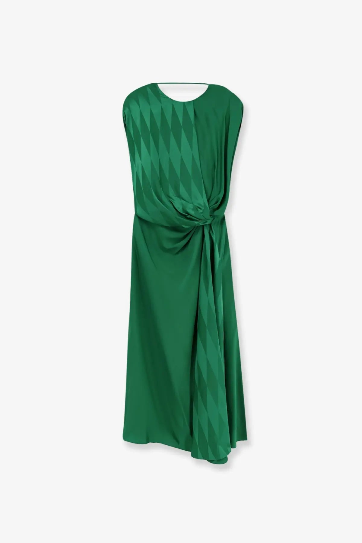 Versace women’s emerald green satin cocktail dress with geometric diamond pattern and knotted waist detail in viscose and silk
