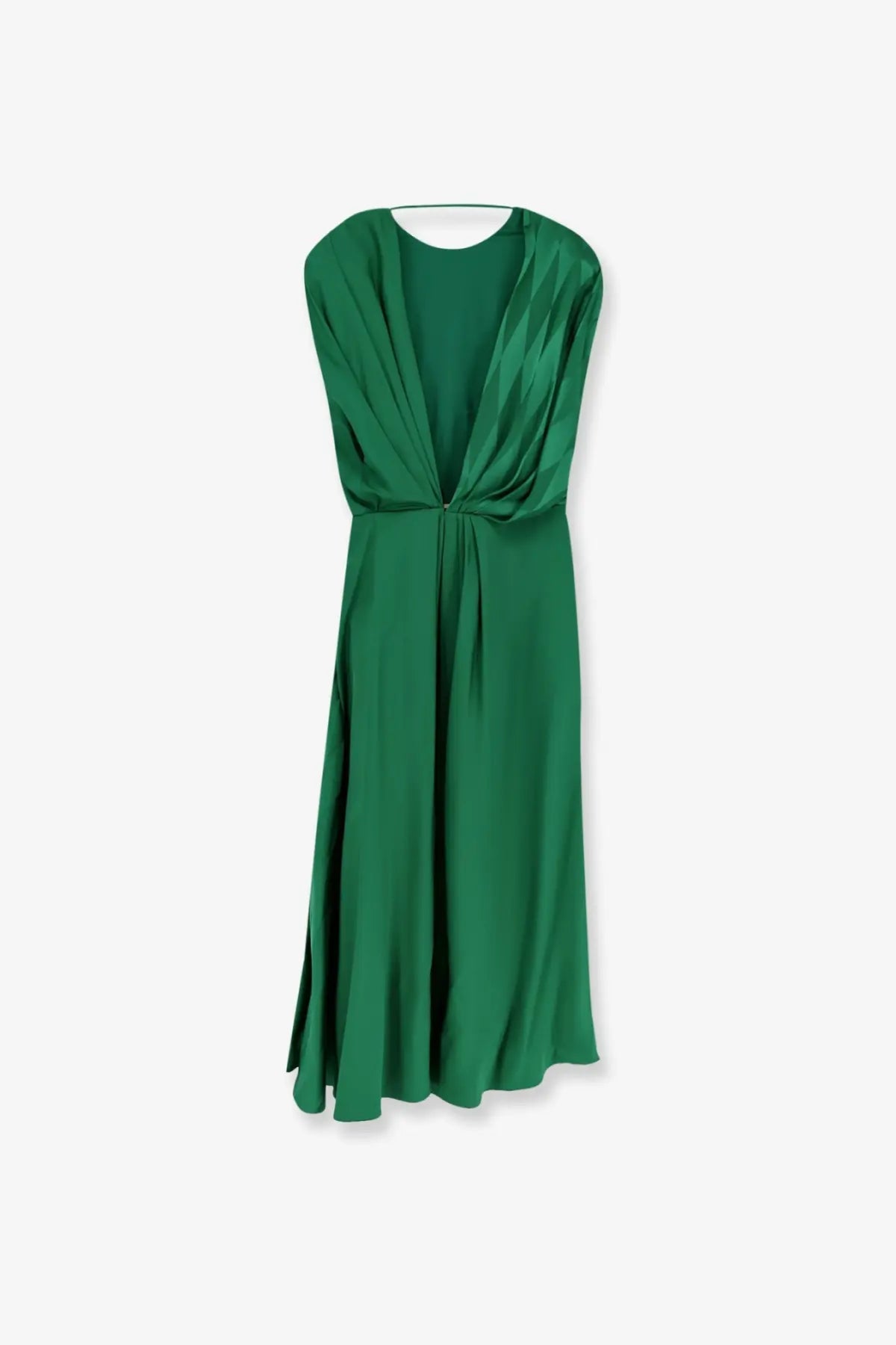 Versace women’s emerald green satin midi cocktail dress with draped sleeveless bodice and back knot detail
