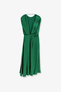 Versace women’s emerald green satin midi cocktail dress with draped sleeveless bodice and back knot detail