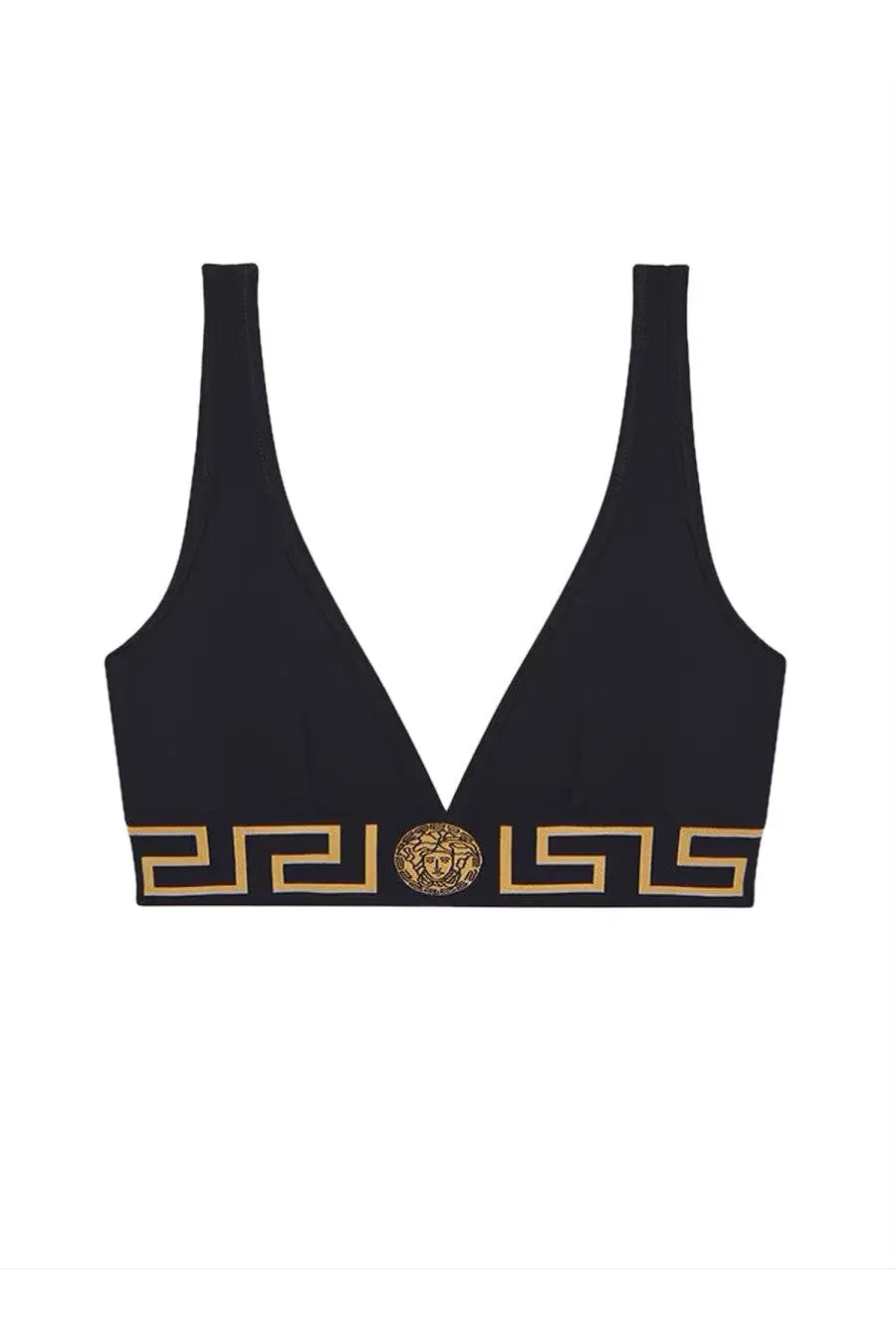 Versace women’s black cotton jersey triangle bralette featuring gold greek key pattern and medusa head emblem