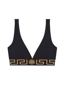 Versace women’s black cotton jersey triangle bralette featuring gold greek key pattern and medusa head emblem