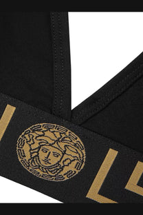 Versace women’s black cotton jersey triangle bralette with gold-toned embroidered medusa head and bold lettering