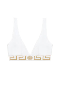 Versace women’s white cotton jersey triangle bralette with gold Greek key pattern and Medusa head emblem