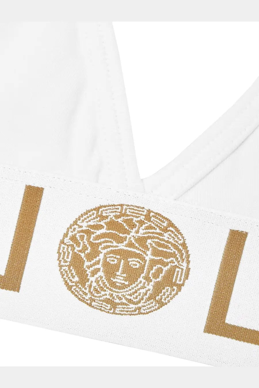 White versace women’s cotton jersey triangle bralette featuring a gold-embroidered medusa head logo and bold v lettering
