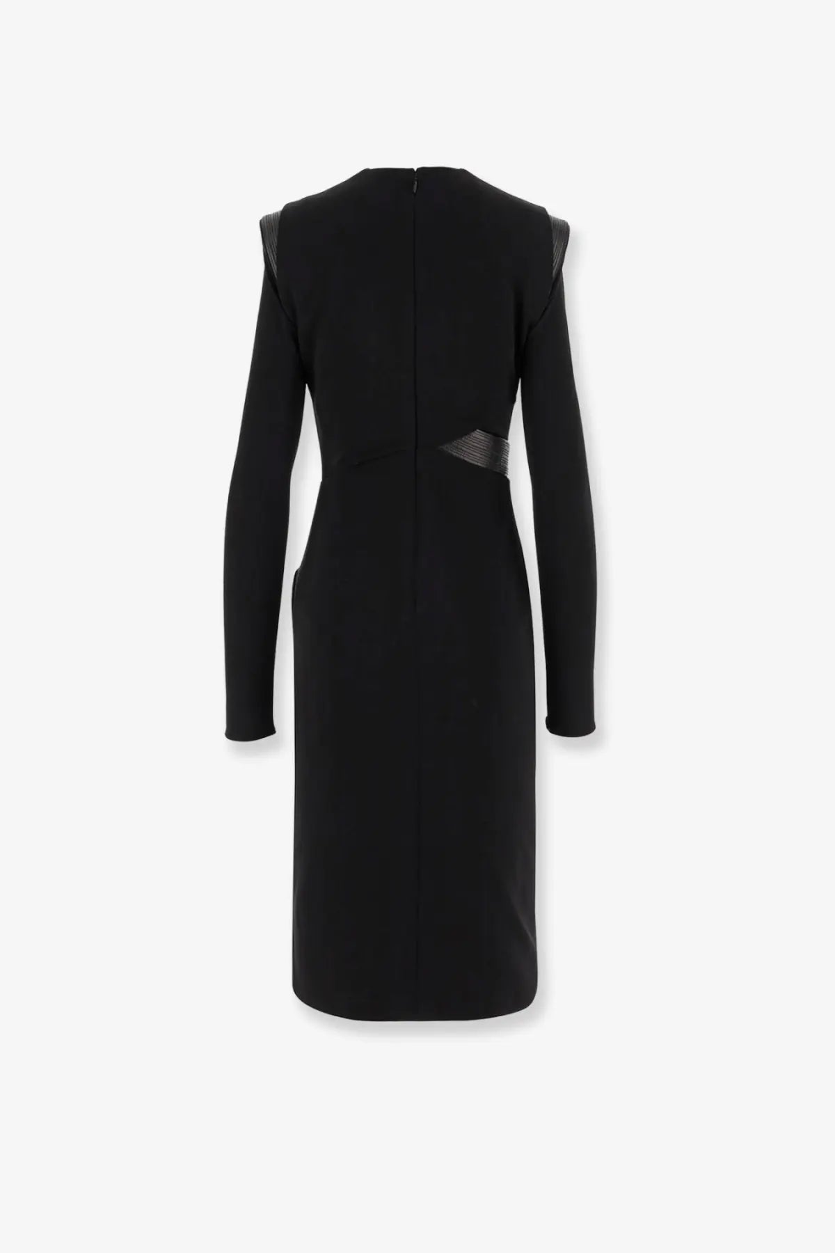 Versace women’s black crepe mini dress with long sleeves and subtle textured panel at the waist