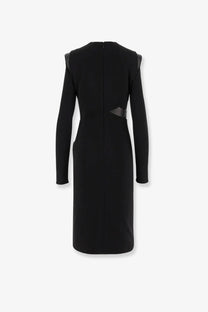 Versace women’s black crepe mini dress with long sleeves and subtle textured panel at the waist