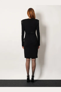 Versace women’s black crepe mini dress with shoulder pads and fitted silhouette for elegant occasions
