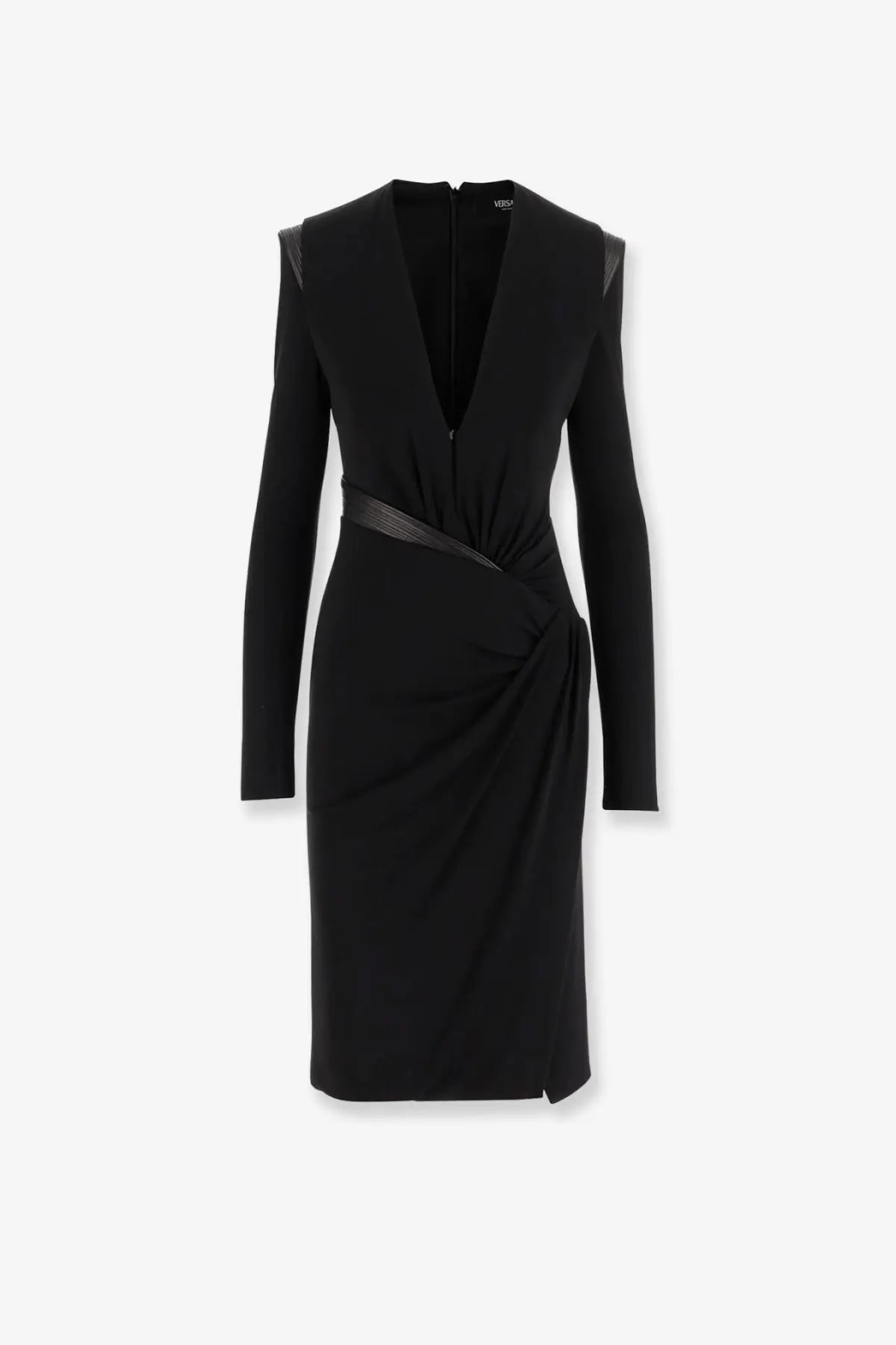 Versace women’s black crepe mini dress with long sleeves v-neck and draped waistband front view