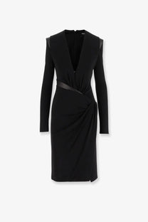 Versace women’s black crepe mini dress with long sleeves v-neck and draped waistband front view