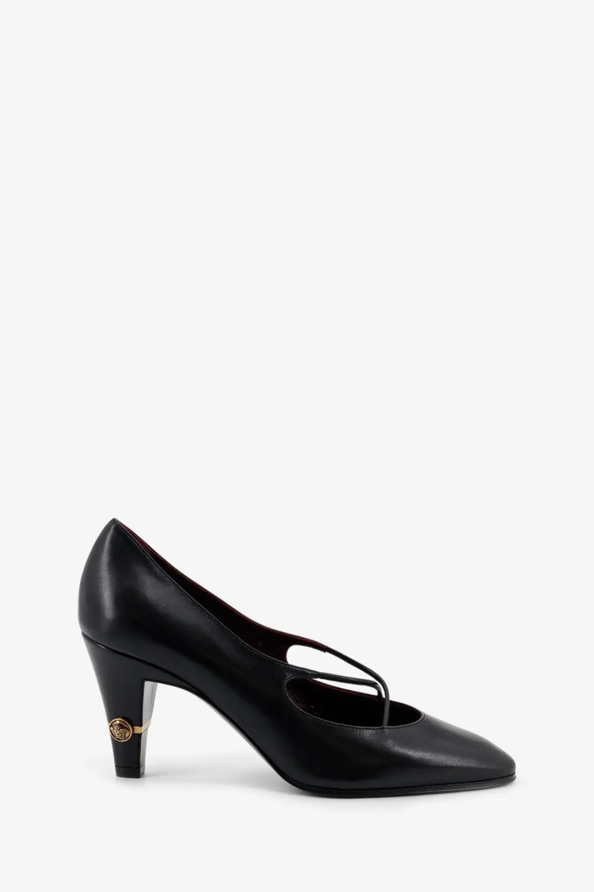Back view of versace women’s black leather mary jane pump with gold-tone medusa head emblem on the heel