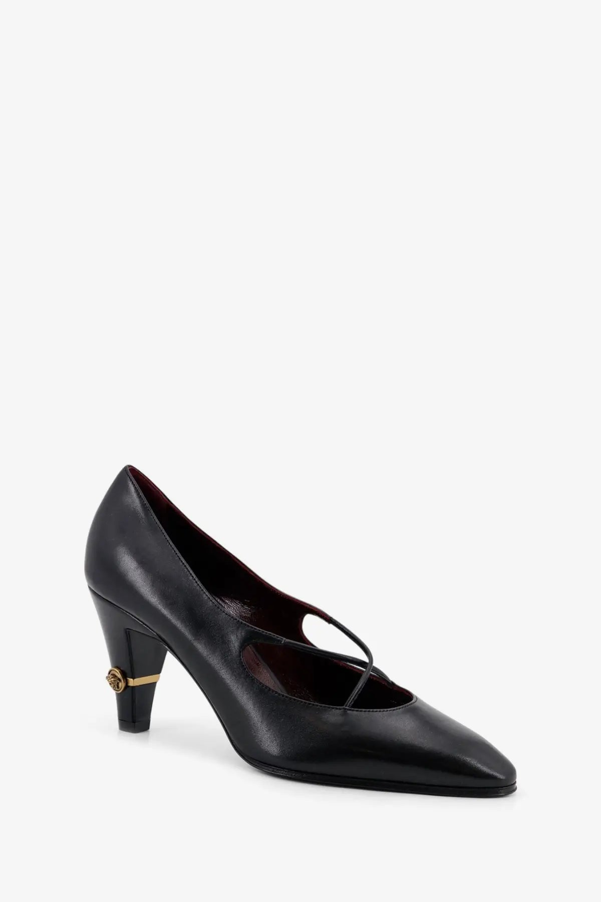 Versace womens black leather pump with pointed toe thin ankle strap and gold tone logo detail on the heel back view
