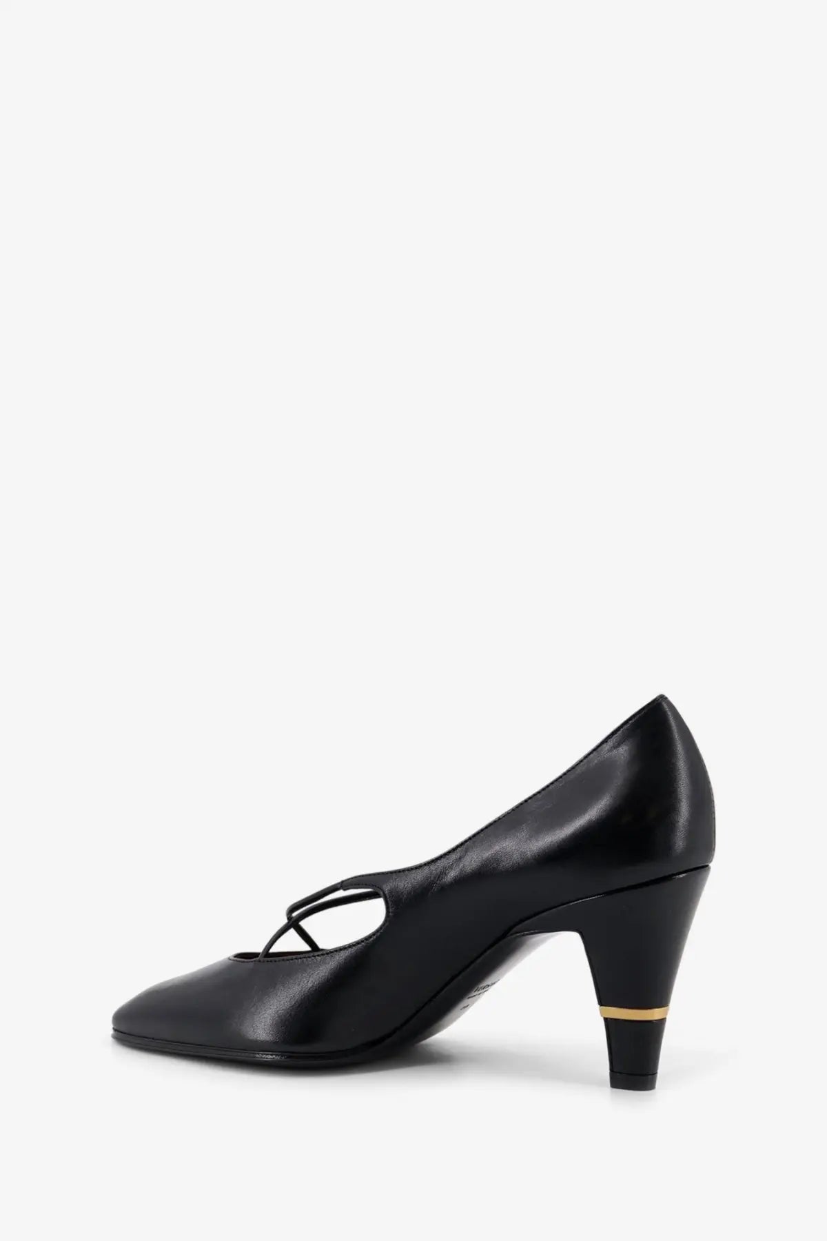 Versace womens criss cross medallion black leather pump with sleek pointed toe and gold accented heel