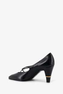 Versace womens criss cross medallion black leather pump with sleek pointed toe and gold accented heel