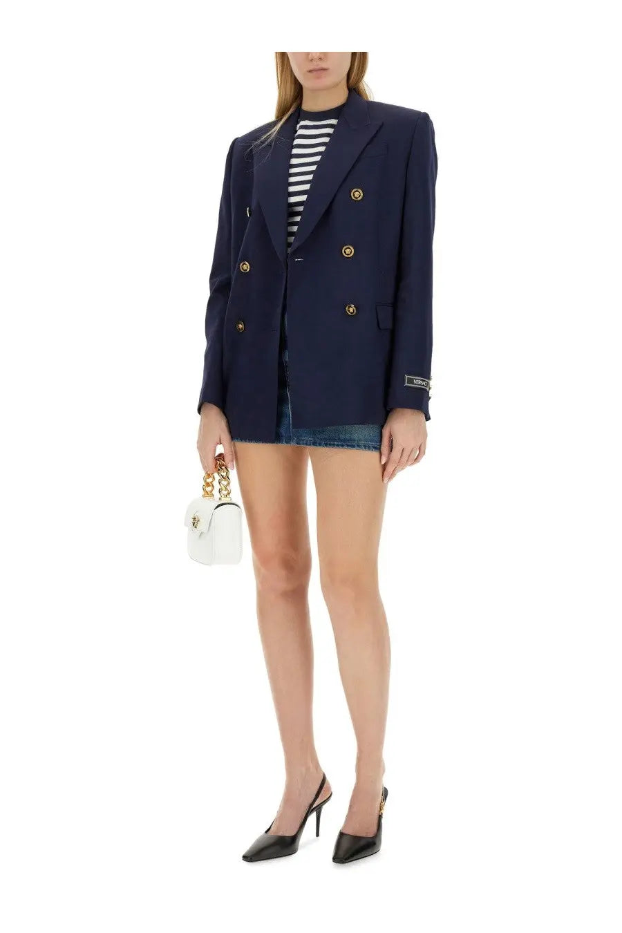 Versace women’s navy blue double-breasted blazer with gold-tone buttons and subtle logo patch on the sleeve