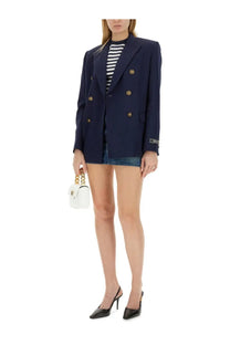 Versace women’s navy blue double-breasted blazer with gold-tone buttons and subtle logo patch on the sleeve