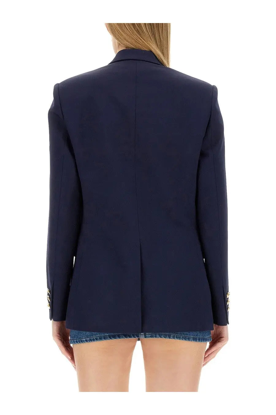Versace women’s navy blue double breasted tailored blazer with gold-tone button detailing on the cuffs