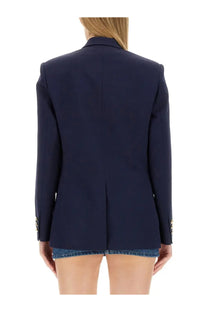 Versace women’s navy blue double breasted tailored blazer with gold-tone button detailing on the cuffs