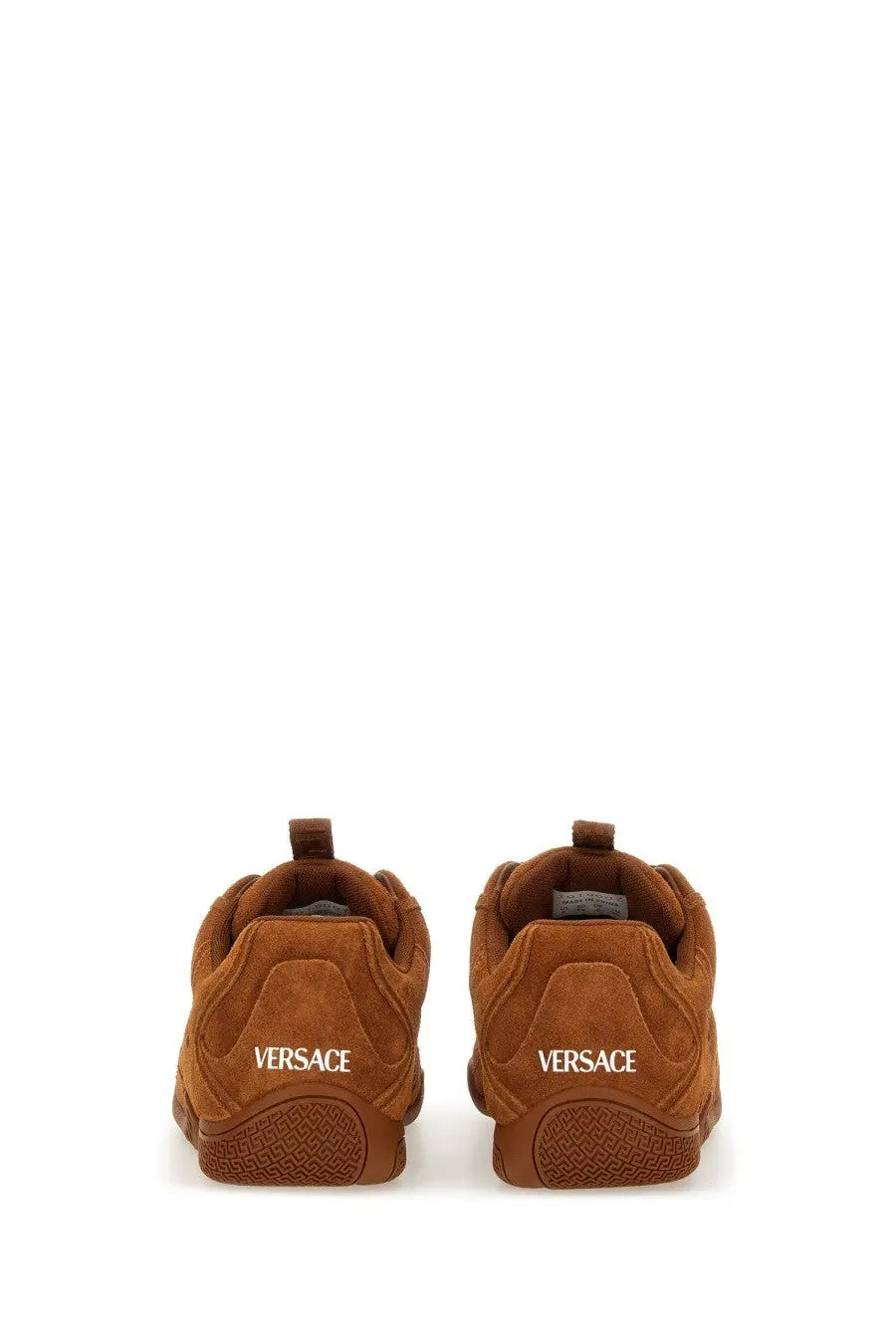 Versace women’s galaxia sneaker brown suede with textured rubber sole and white logo branding