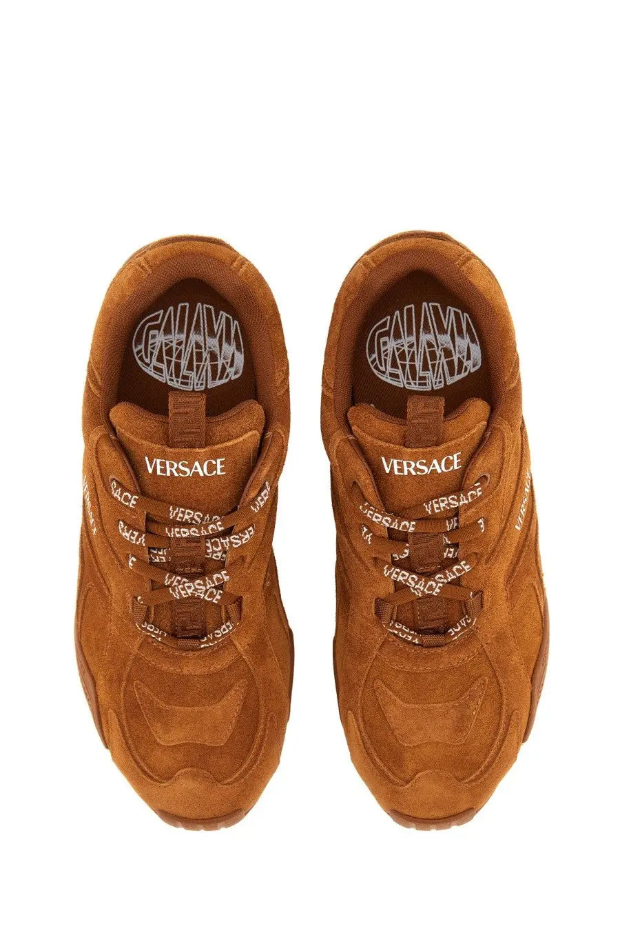 Versace women’s Galaxia sneaker brown with brown suede chunky textured design and white branding details