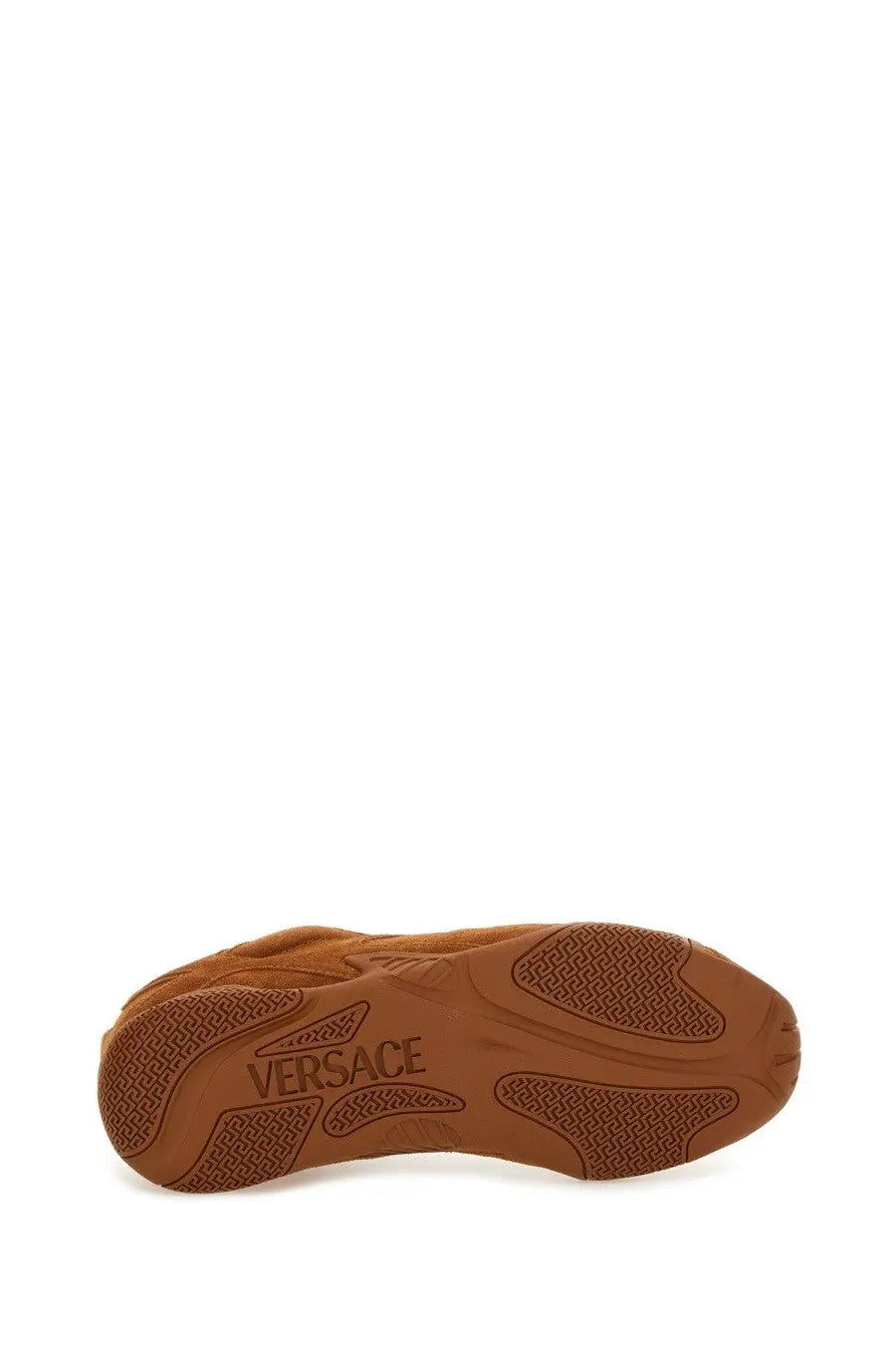 Versace women’s Galaxia sneaker brown suede with textured rubber sole shown from the back side