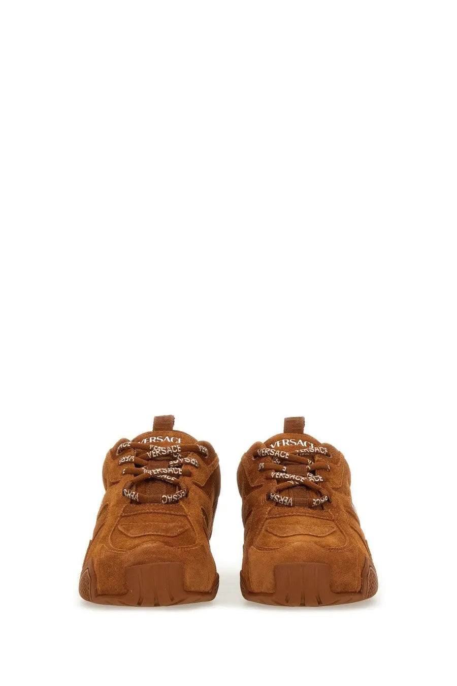 Versace women’s galaxia sneaker brown in tan suede with black laces featuring the brand logo along the length