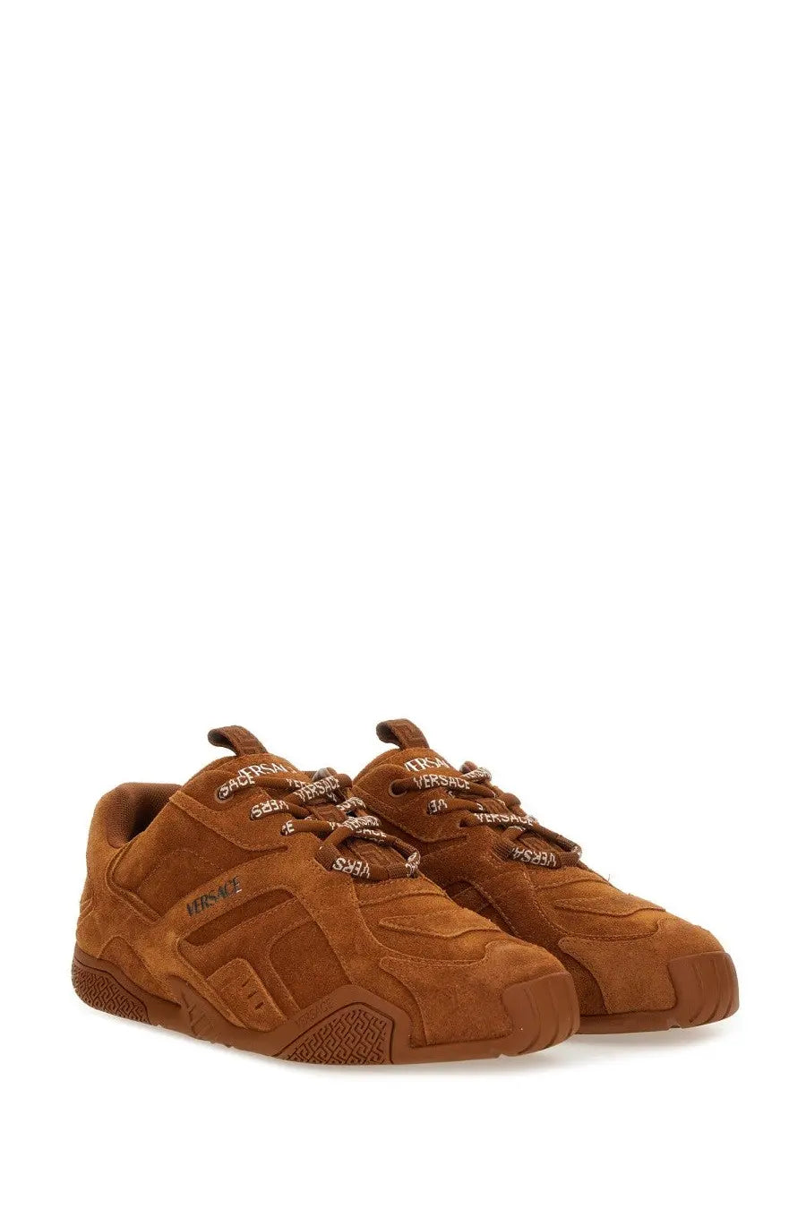 Versace women’s Galaxia sneaker brown in tan suede with chunky retro design and contrasting black branding details