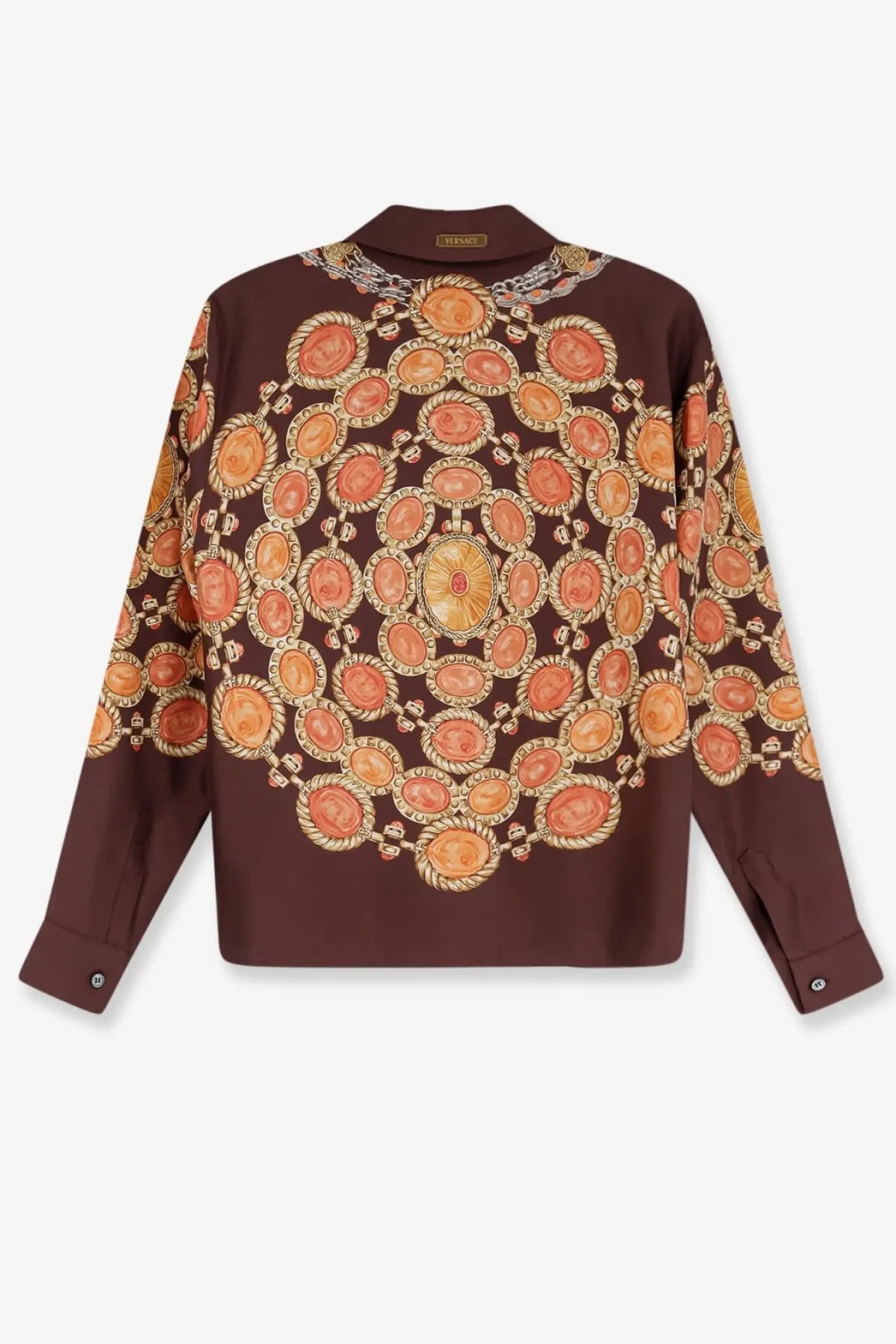 Versace women’s informal brown silk blouse with bold symmetrical orange and gold oval medallion pattern