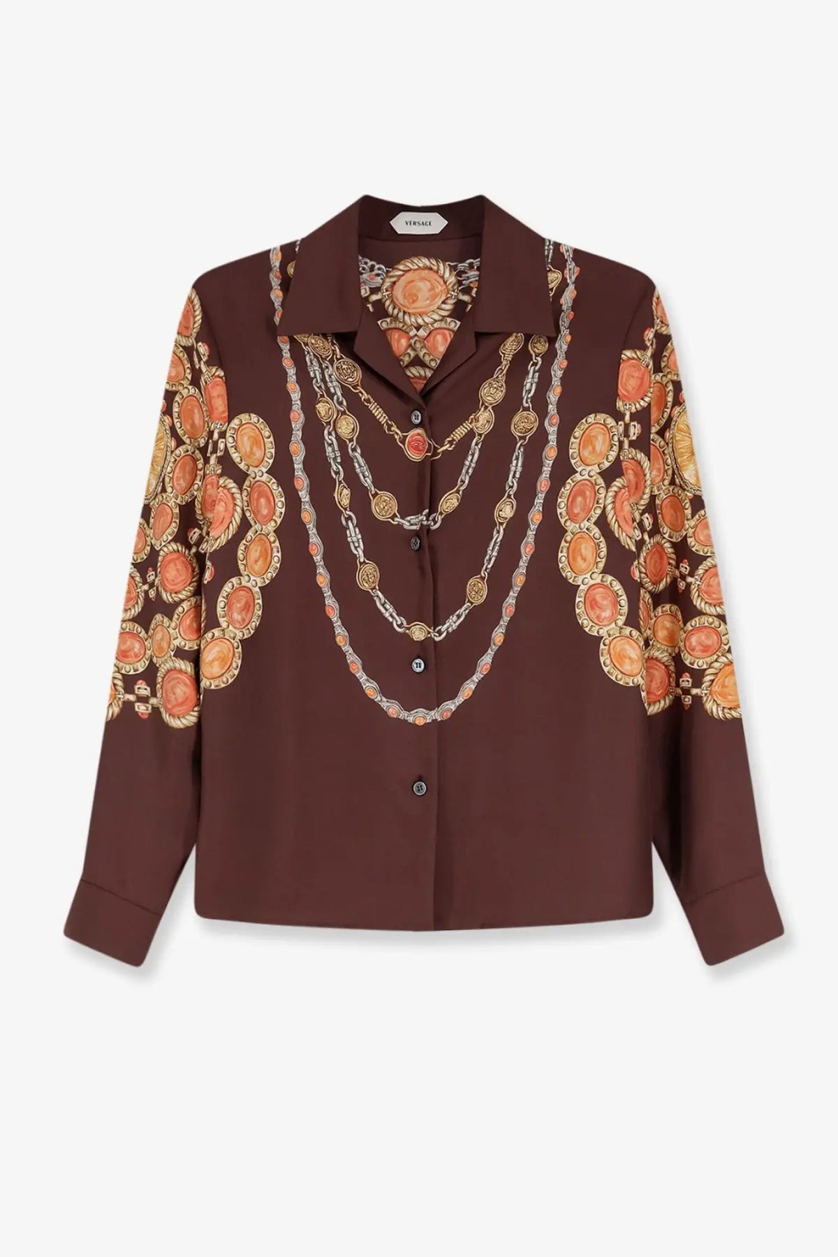 Versace women’s informal brown silk blouse with bold gold and orange medallion print and layered chain motifs