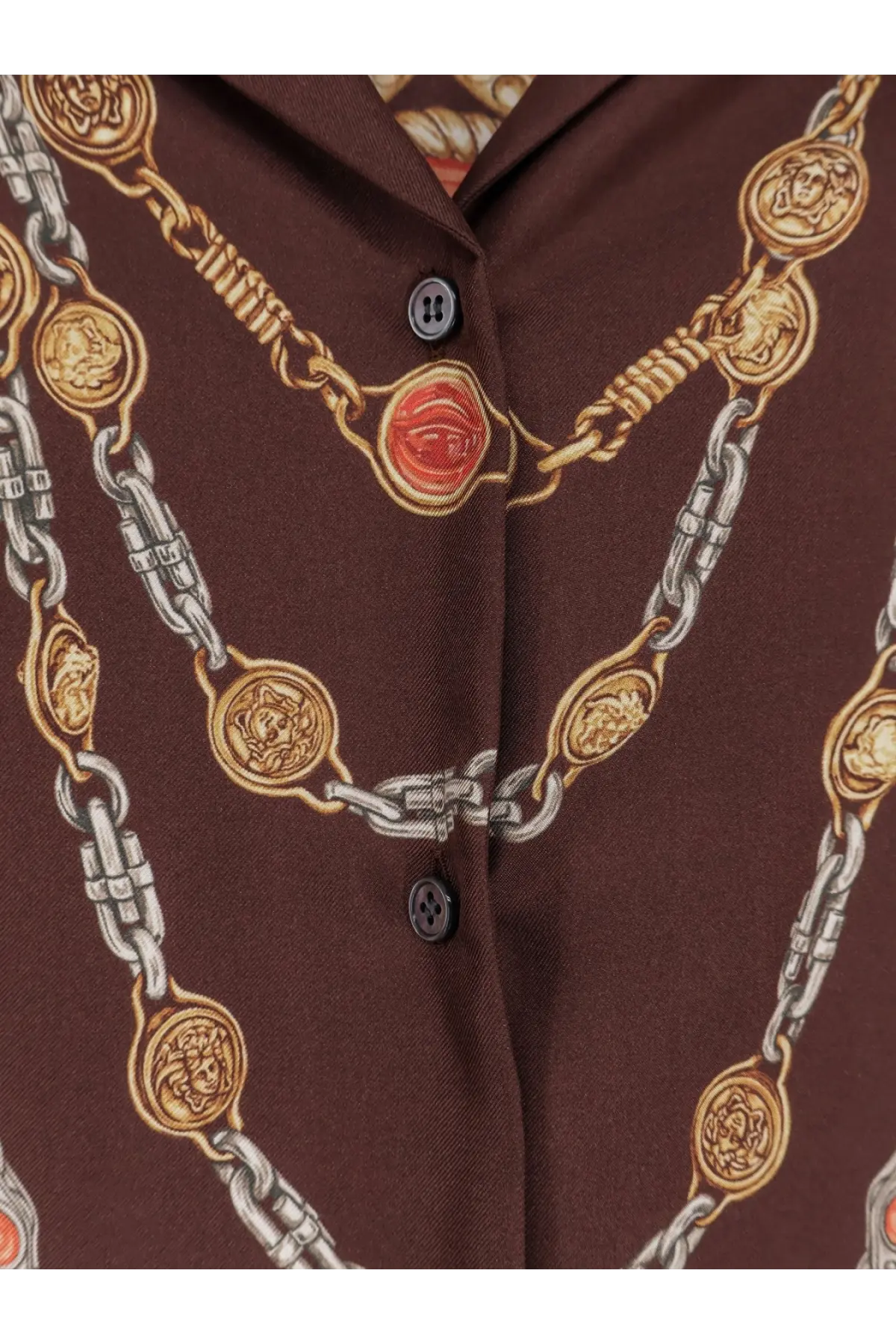 Versace women’s informal brown silk shirt with bold gold and silver chain print featuring Medusa head medallions