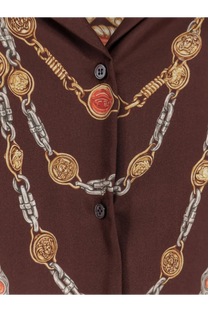Versace women’s informal brown silk shirt with bold gold and silver chain print featuring Medusa head medallions