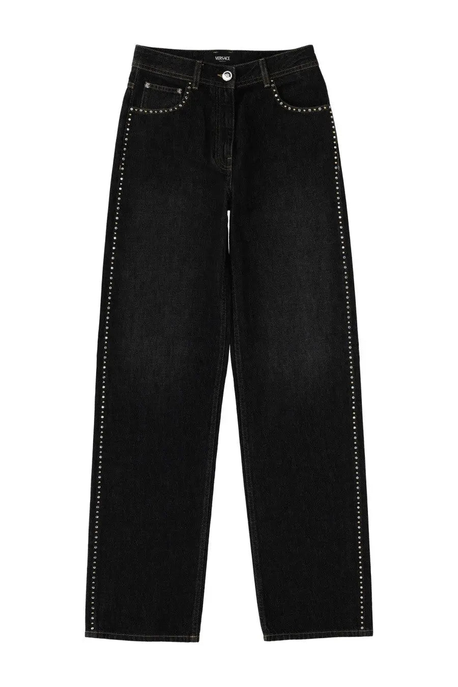 Versace women’s black denim jeans with silver studs along side seams and front pockets featuring high-rise waistband