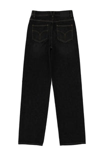 Versace women’s black denim jeans with a straight-leg cut and subtle stitching details on the front side