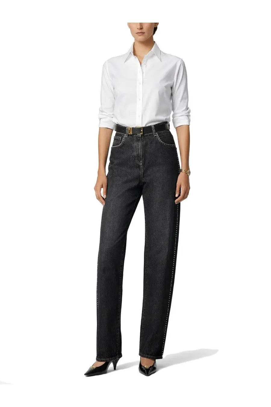 Versace women’s black high-waisted straight-leg jeans with gold-tone stitching along the sides