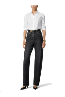 Versace women’s black high-waisted straight-leg jeans with gold-tone stitching along the sides