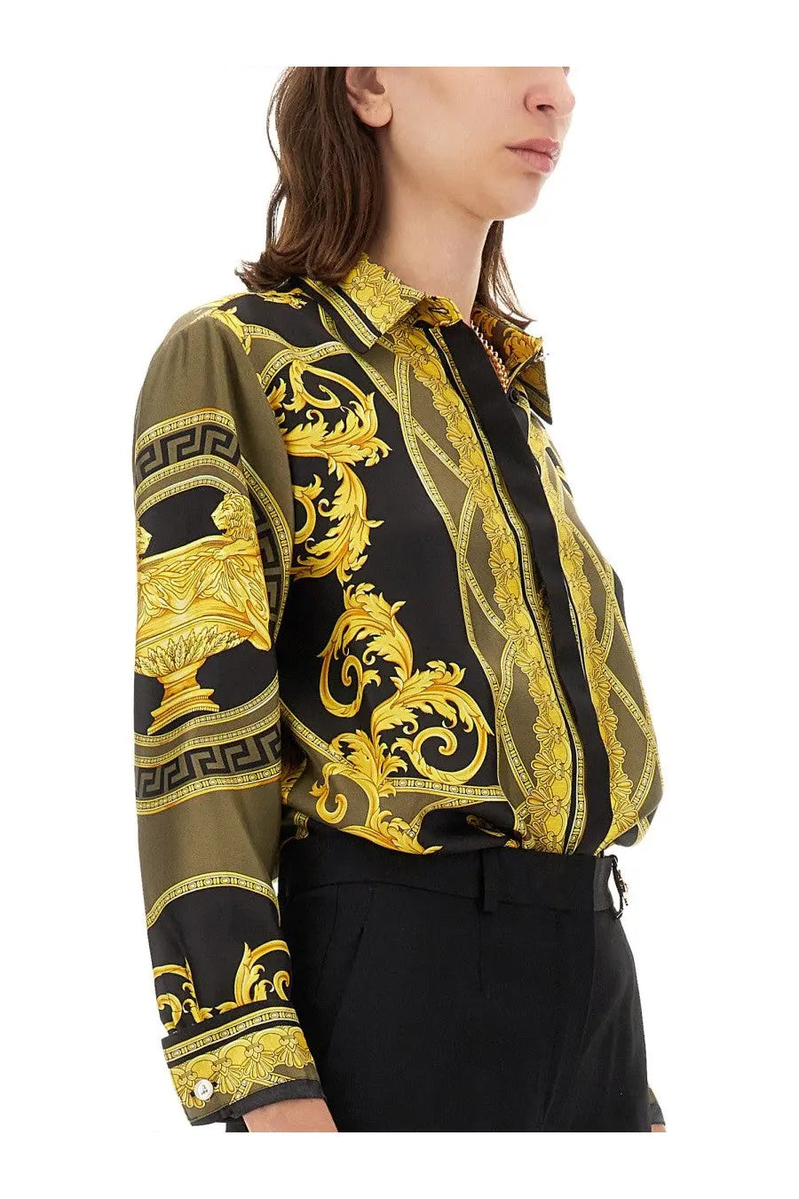 Versace women’s la coupe des dieux black and gold blouse with ornate baroque-inspired pattern and multicolor details