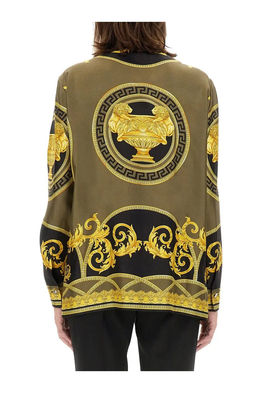 Versace women’s olive green silk blouse with bold gold and black baroque print featuring Medusa motif