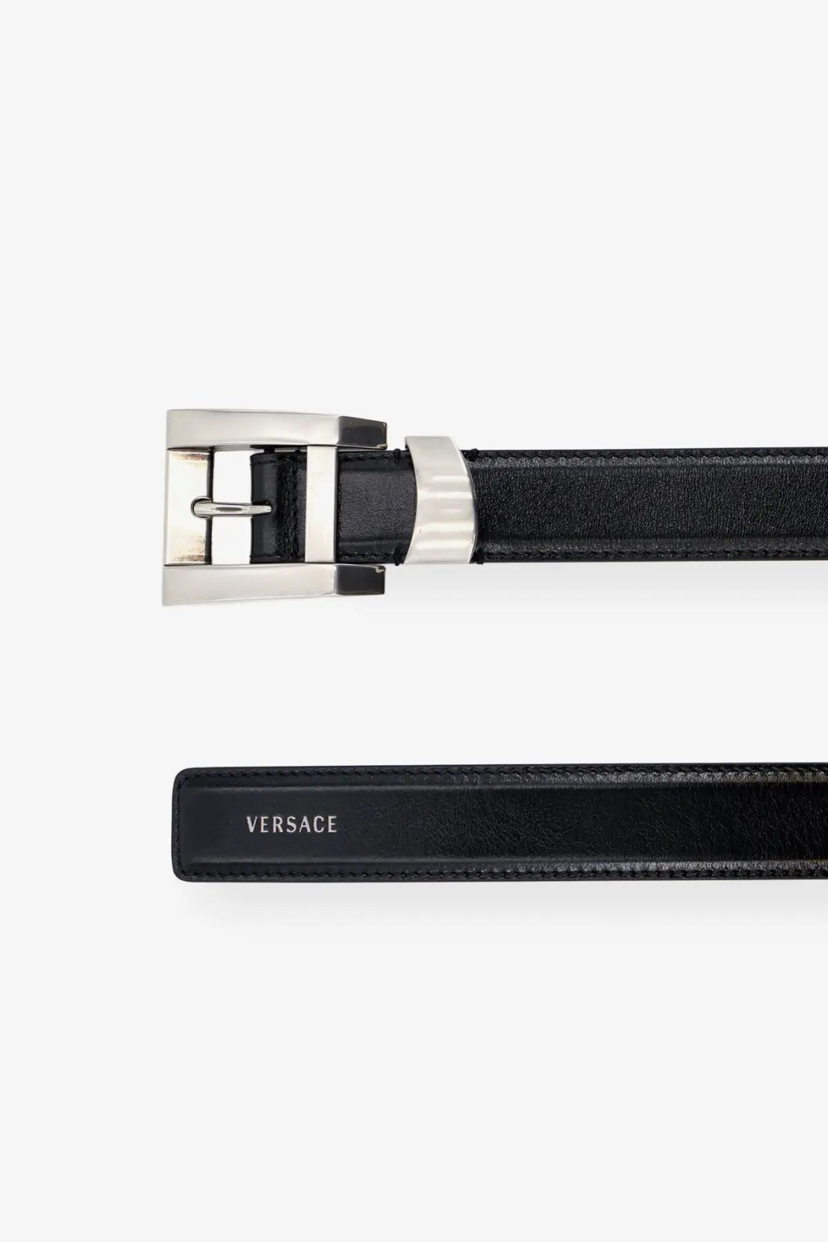 Versace women’s black leather belt with a sleek silver-toned buckle for stylish waistwear