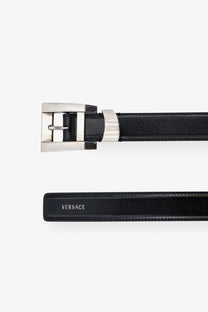 Versace women’s black leather belt with a sleek silver-toned buckle for stylish waistwear
