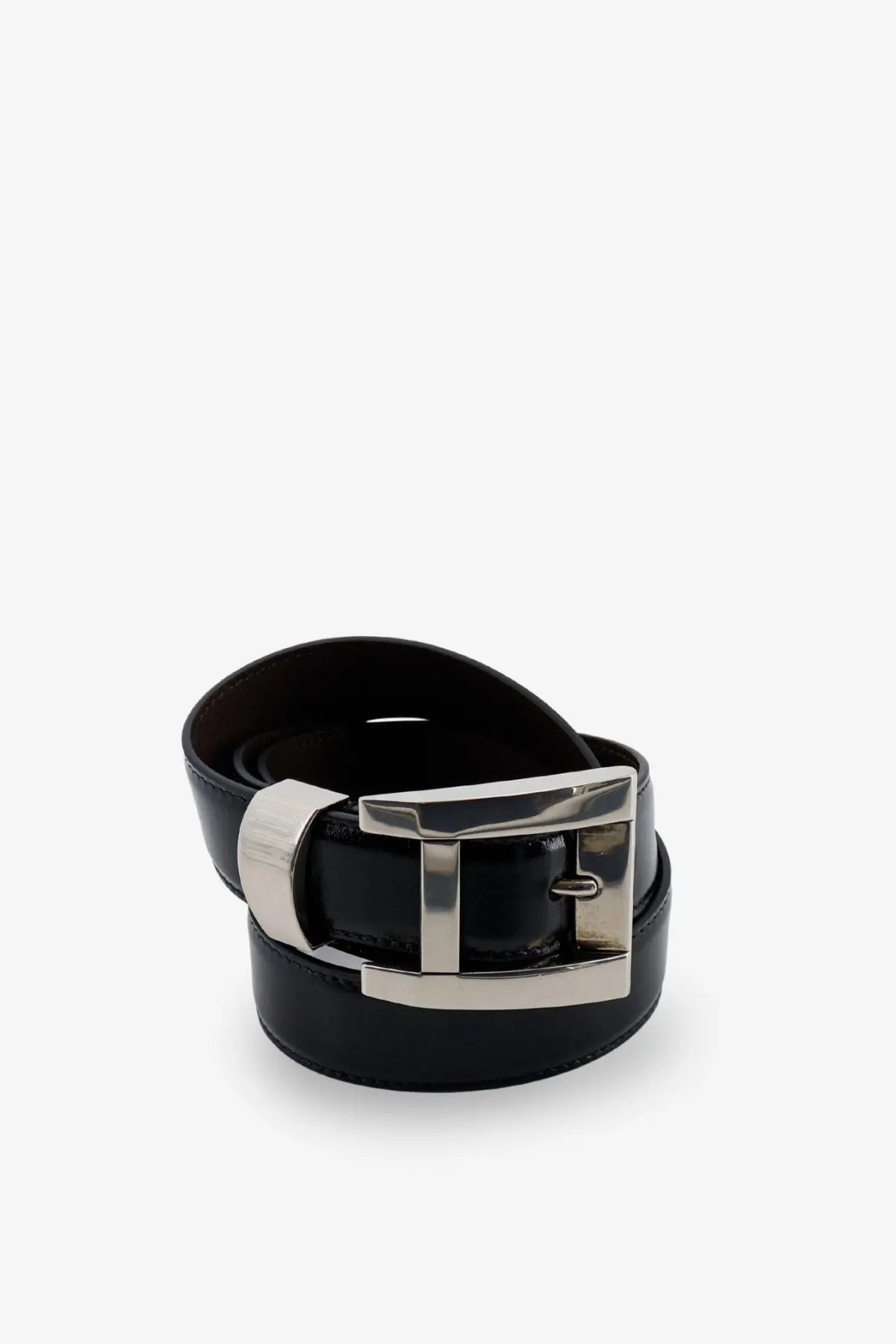 Versace women’s black leather belt with a sleek silver-toned rectangular buckle for stylish wear