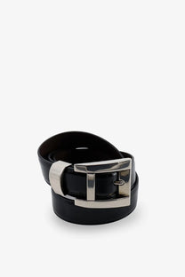 Versace women’s black leather belt with a sleek silver-toned rectangular buckle for stylish wear