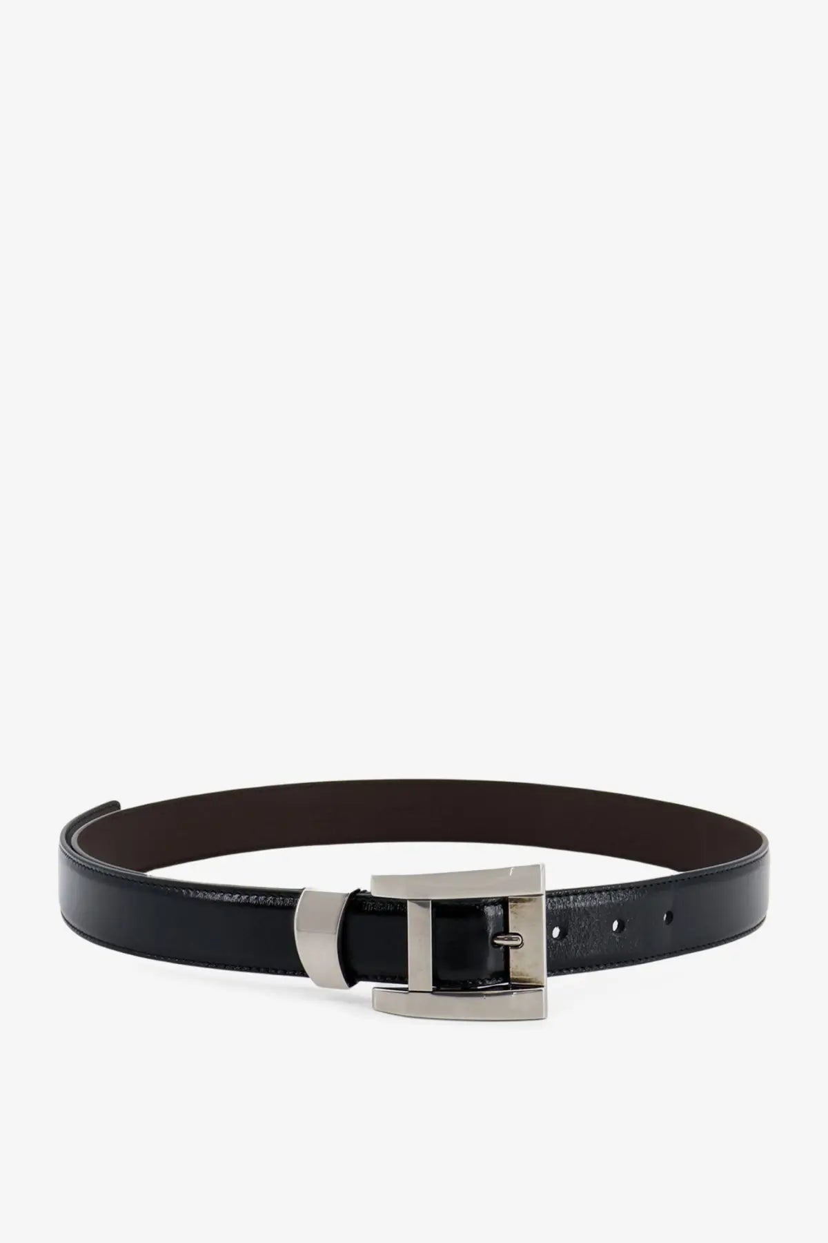 Versace women’s black leather belt with a sleek silver-toned rectangular buckle