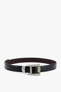 Versace women’s black leather belt with a sleek silver-toned rectangular buckle